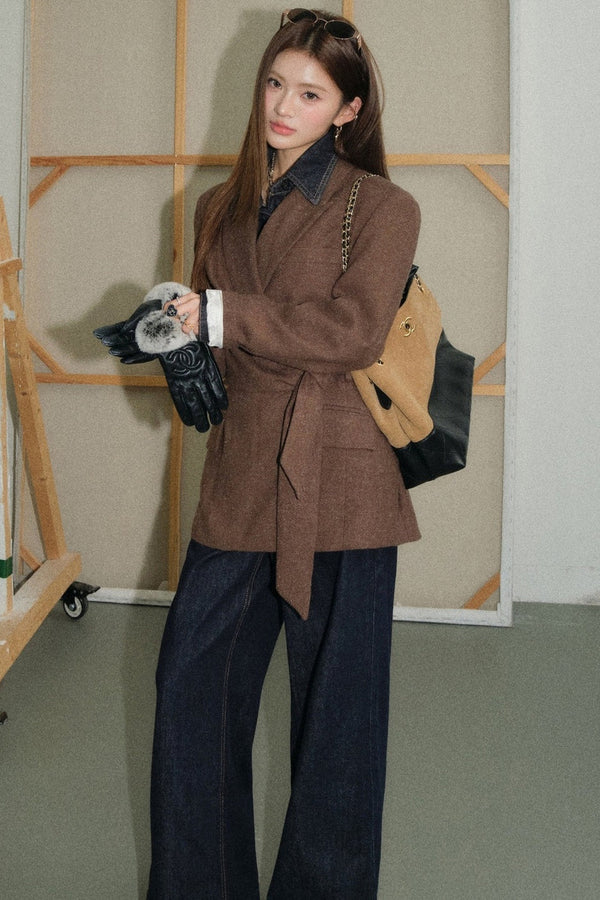 Coffee Lace-Up Woolen Linen Suit Jacket, Jeans and Top Set-Up