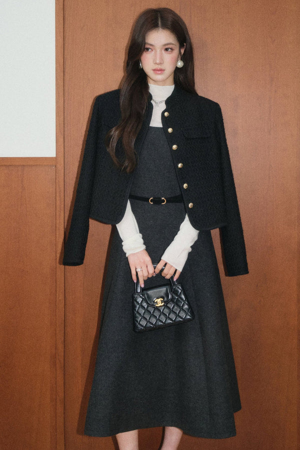 Black Tweed Jacket and Square-Neck Dress Set-Up