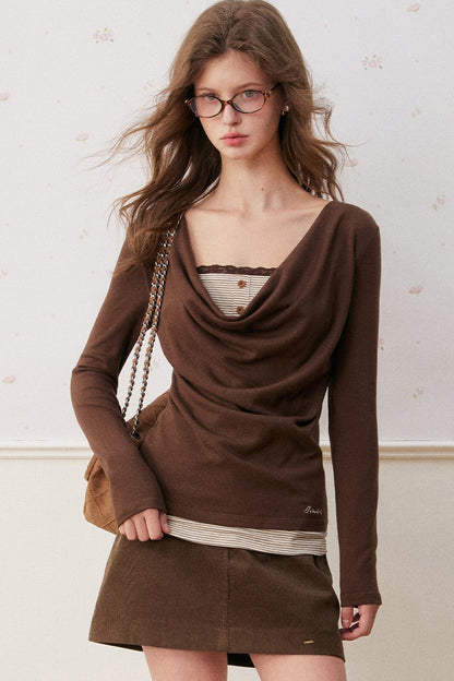 Striped Layered-Look Drape Neck Long-Sleeve T-Shirt