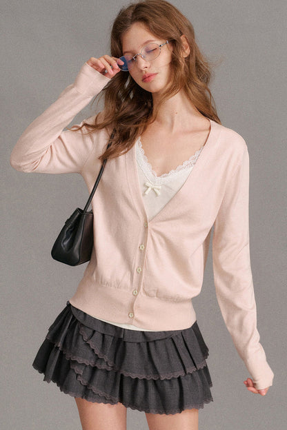 Long-Sleeve V-Neck Lace Trim Patchwork Knit Cardigan