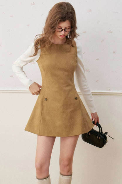 Sleeveless Round Neck Suede A-Line Umbrella Dress