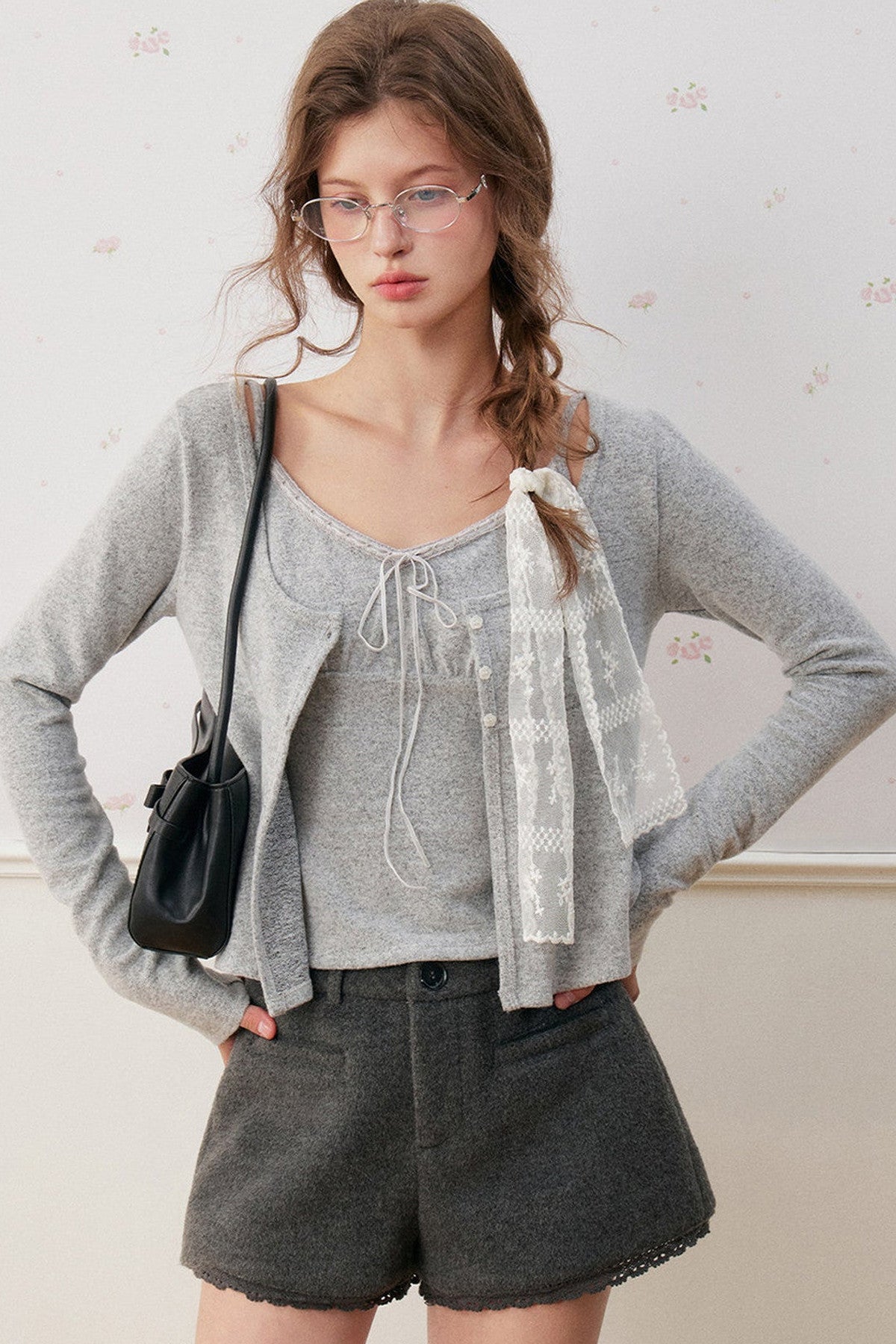 Lace-Up V-Neck Cardigan and Ruffle Hem Vest Set