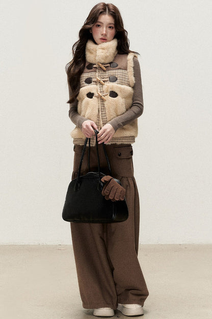 Retro Plaid Faux Fur Toggle Vest
