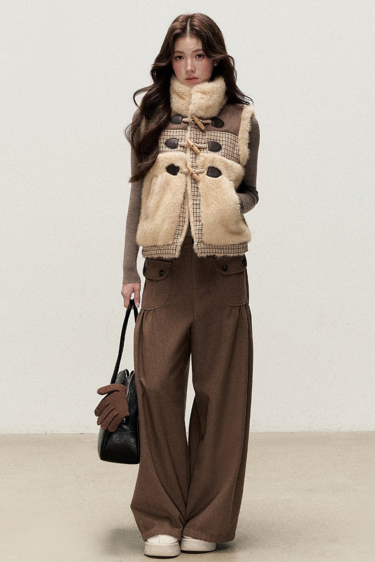 Retro Plaid Faux Fur Toggle Vest