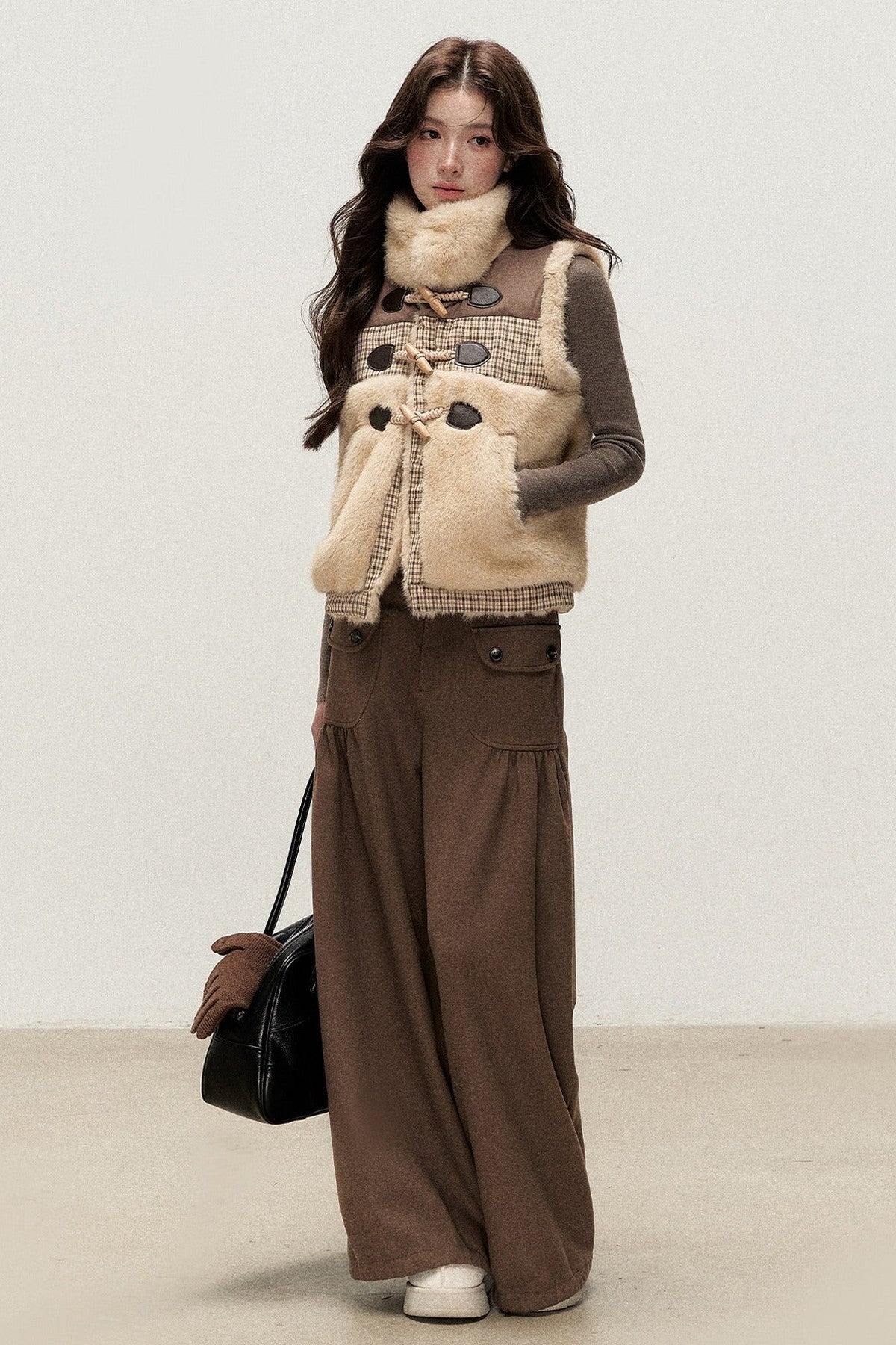 Retro Plaid Faux Fur Toggle Vest