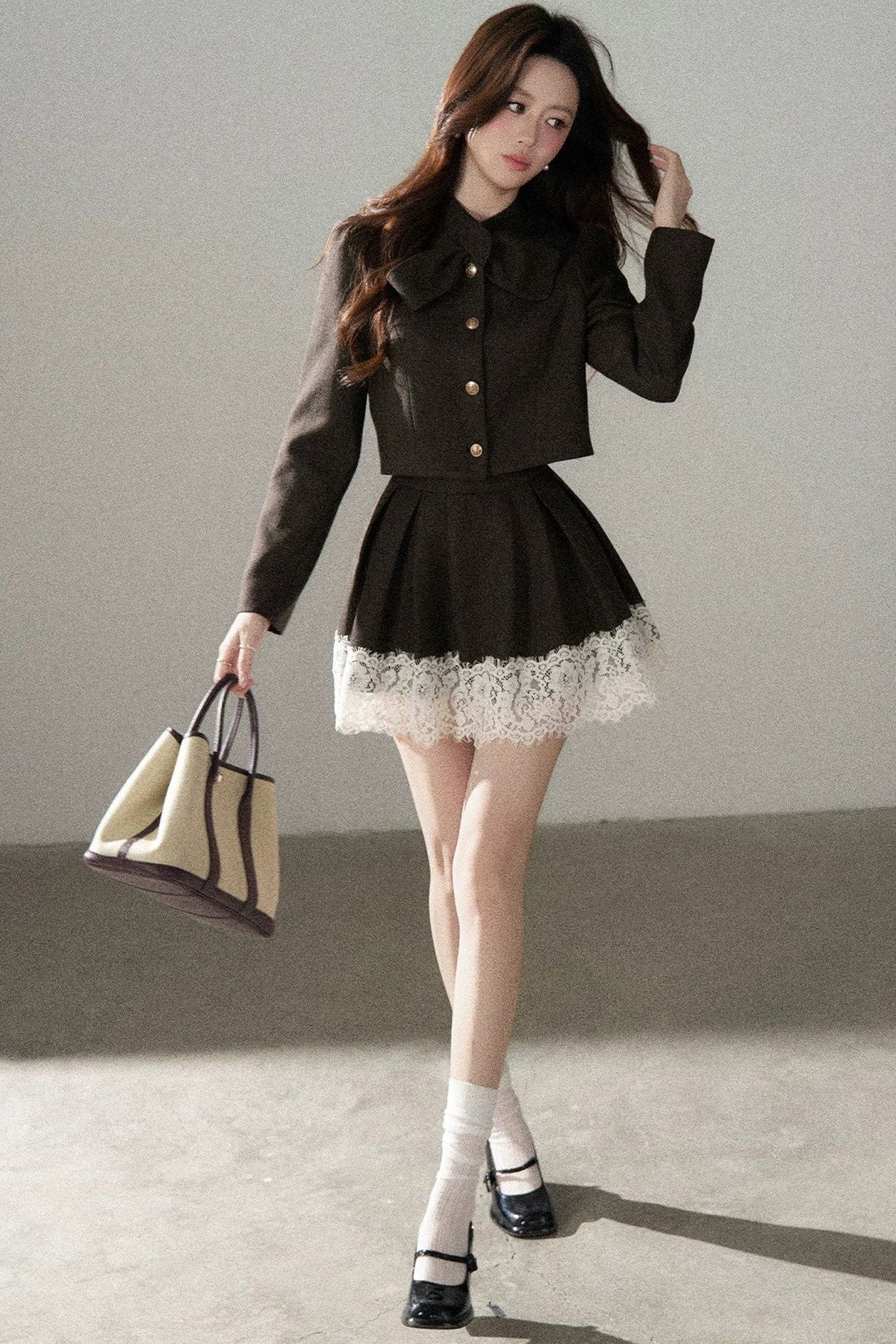 Coffee Lace Splicing Jacket and Skirt Set-Up