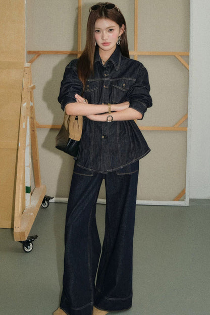Waist-Cinching Denim Shirt and Flared Jeans Set-Up