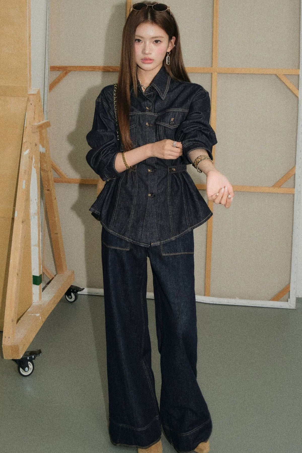 Waist-Cinching Denim Shirt and Flared Jeans Set-Up