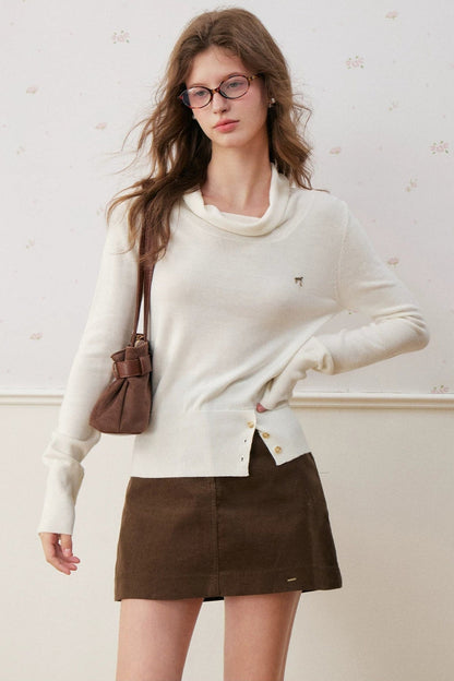Asymmetric Diagonal Button Cowl Knit Top