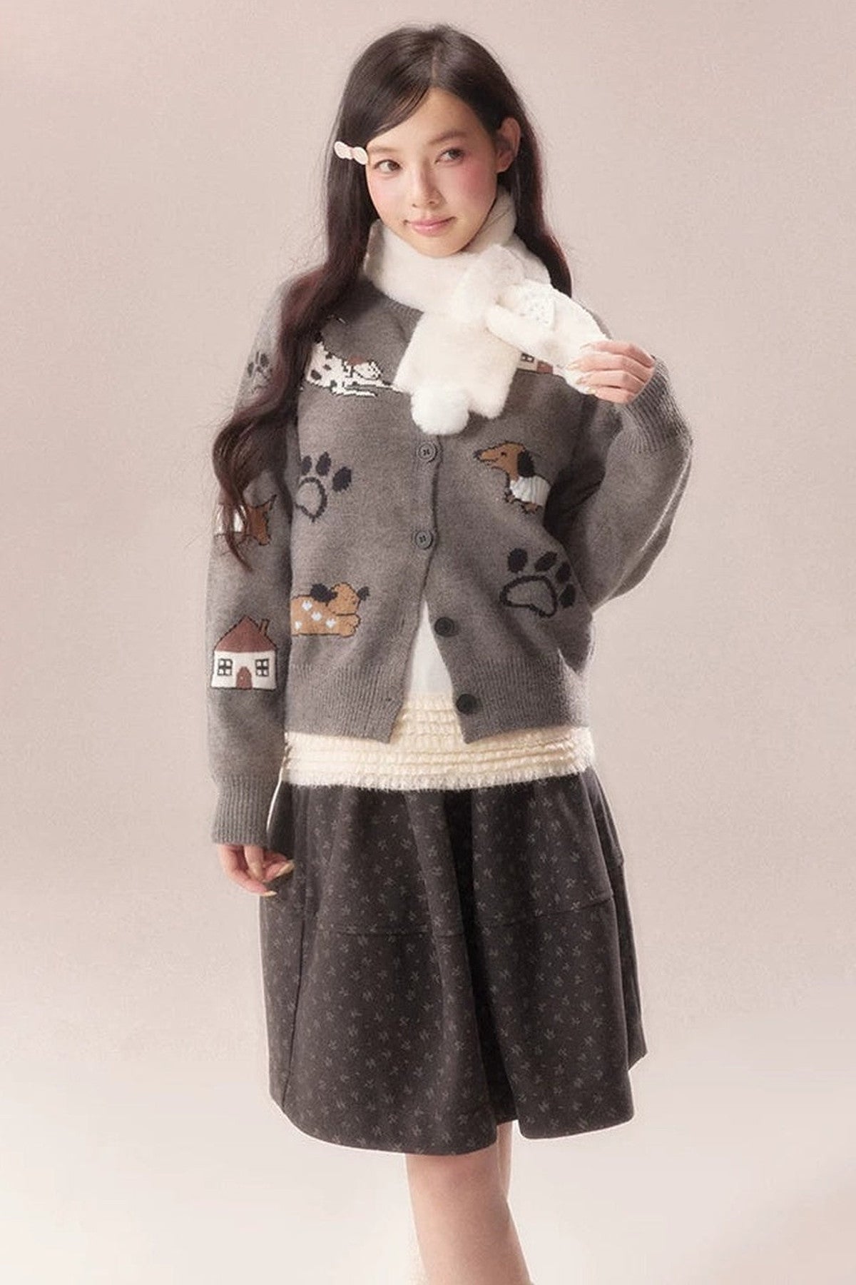 Paw Print Jacquard Knit Cardigan