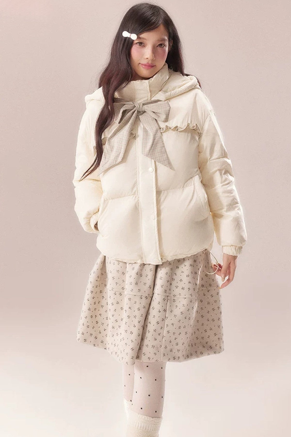Plaid Bow Lace Short Down Jacket