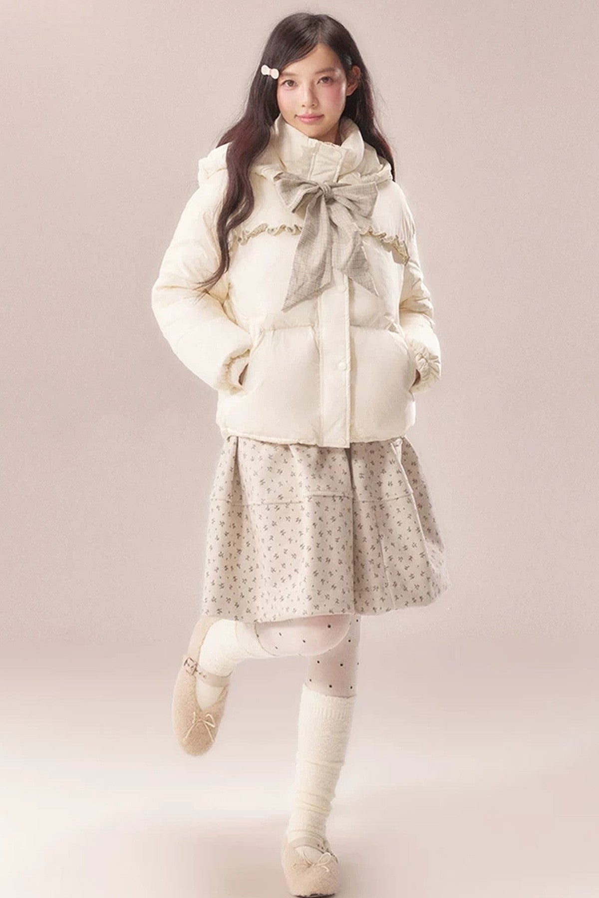 Plaid Bow Lace Short Down Jacket
