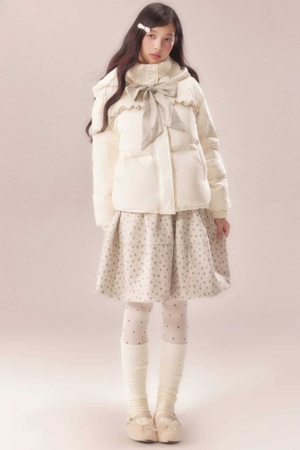 Plaid Bow Lace Short Down Jacket