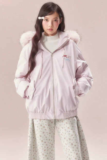 Embroidered Bow Fur Hood Down Jacket