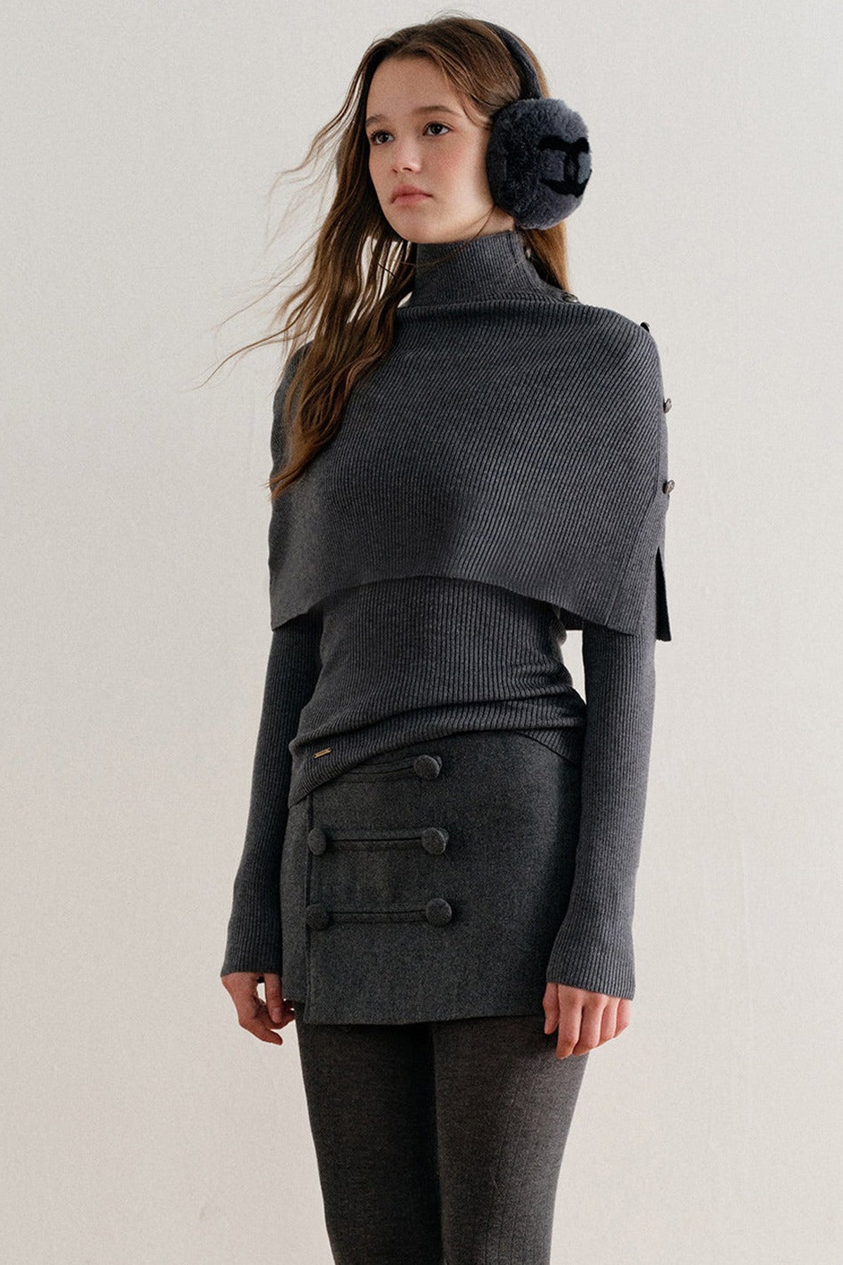 Wool Blend Double-Breasted Diagonal Placket Skirt