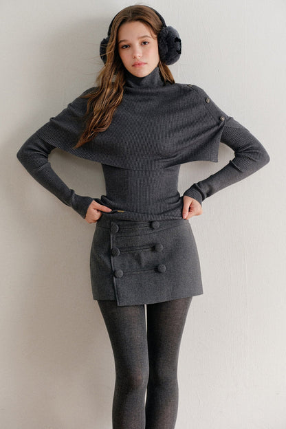 Long-Sleeve Wool Lyocell Knit Top and Detachable Cape Shawl Set