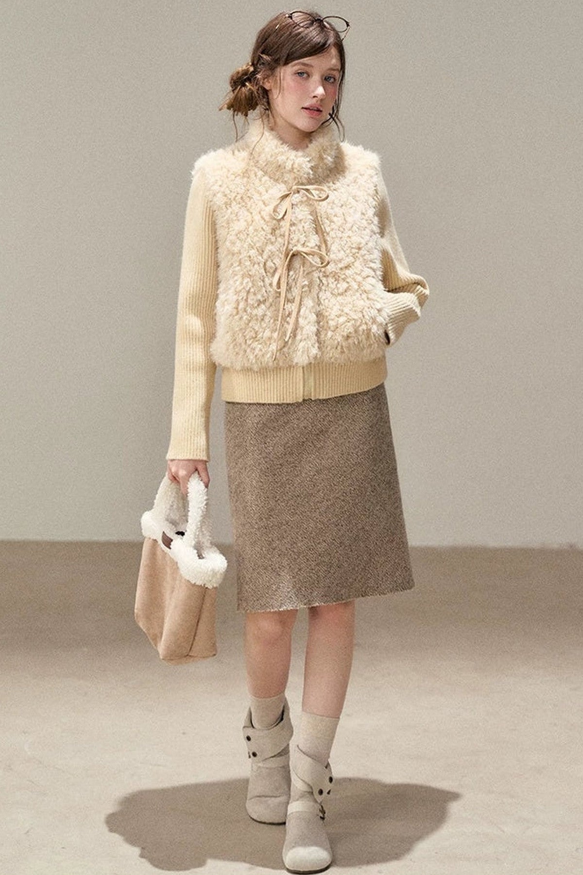 Patchwork Lamb Wool Bowknot Jacket