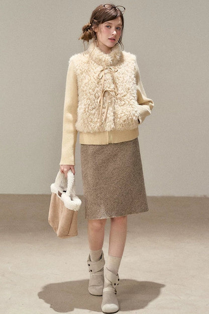 Patchwork Lamb Wool Bowknot Jacket