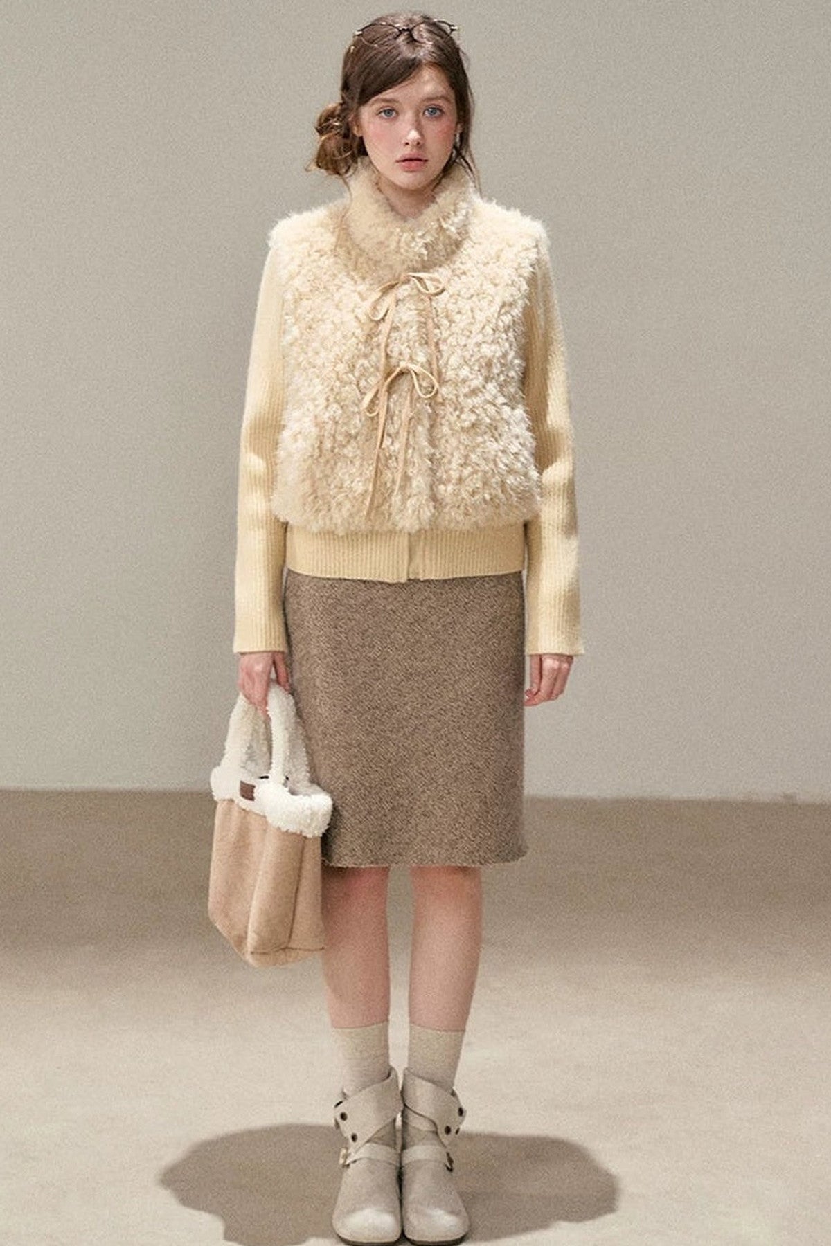 Patchwork Lamb Wool Bowknot Jacket