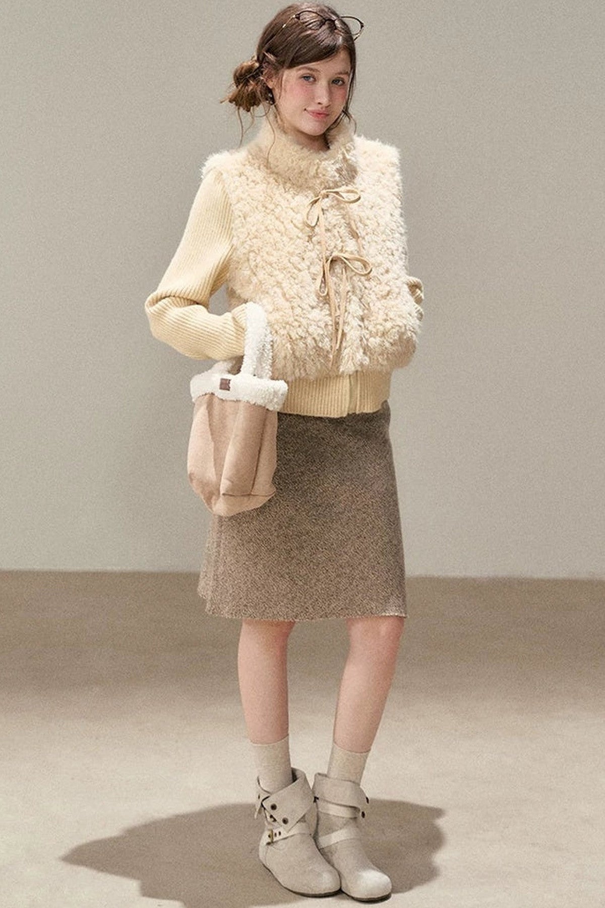 Patchwork Lamb Wool Bowknot Jacket