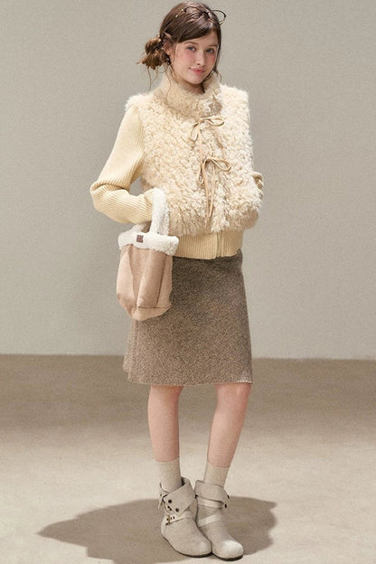 Patchwork Lamb Wool Bowknot Jacket