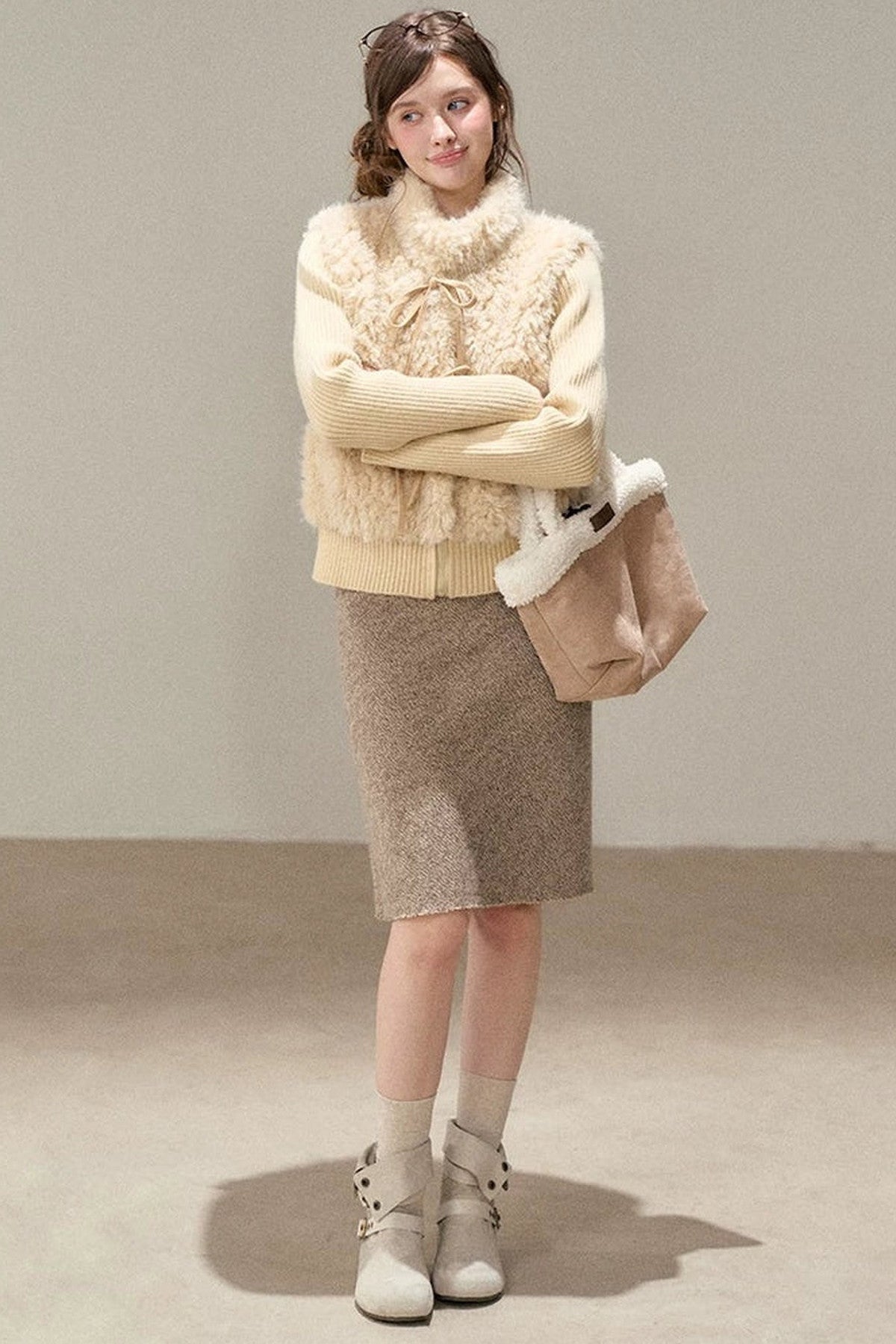Patchwork Lamb Wool Bowknot Jacket