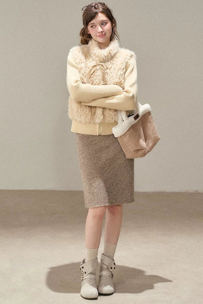 Patchwork Lamb Wool Bowknot Jacket