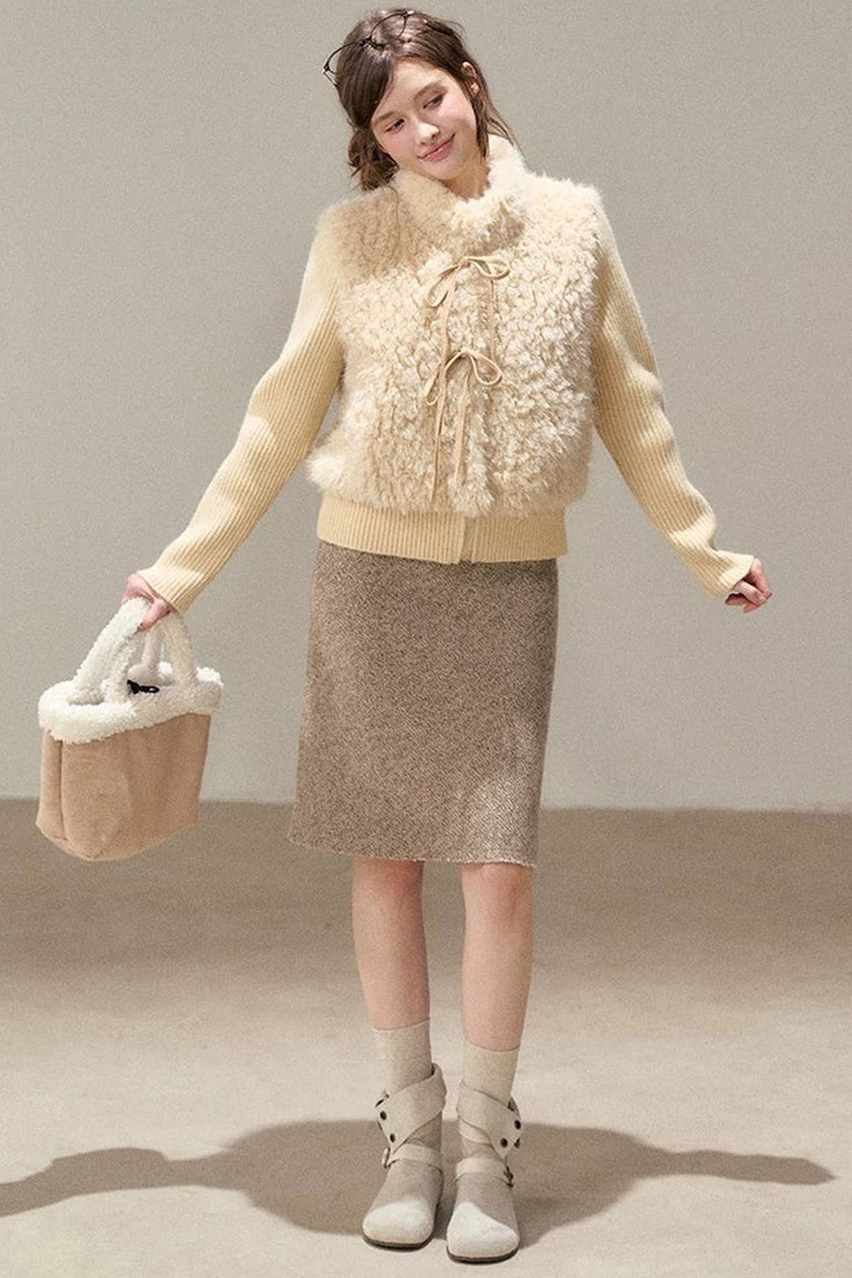 Patchwork Lamb Wool Bowknot Jacket