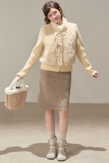 Patchwork Lamb Wool Bowknot Jacket