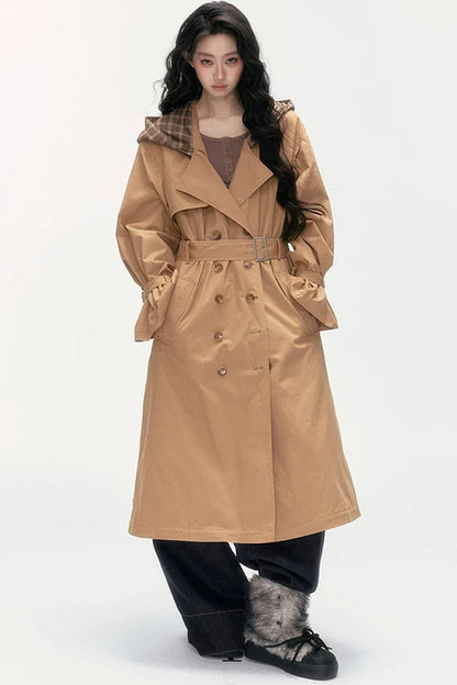 Plaid Patchwork Double-Breasted Hooded Padded Trench Coat