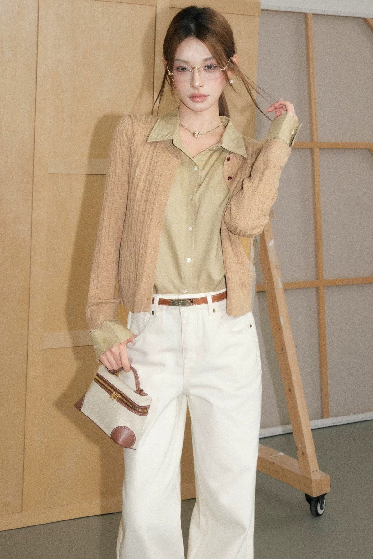 Cable-Knit Layered-Look Sweater and White Jeans Set-Up