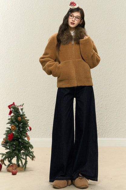 Warm Fur Collar Cardigan and Pants Set-Up
