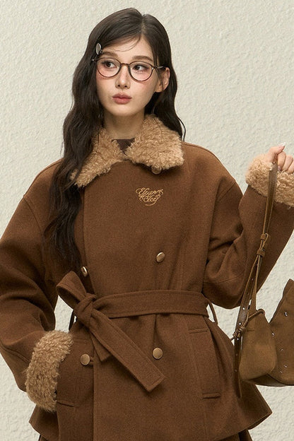 Brown Plush Coat and Short Skirt Set-Up