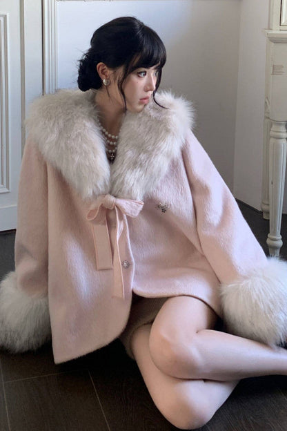Bow Detail Quilted Woolen Cape Coat