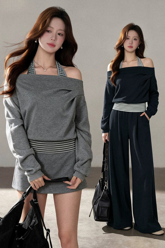 One-Shoulder Striped Sweatshirt and Wide-Leg Pants Set-Up