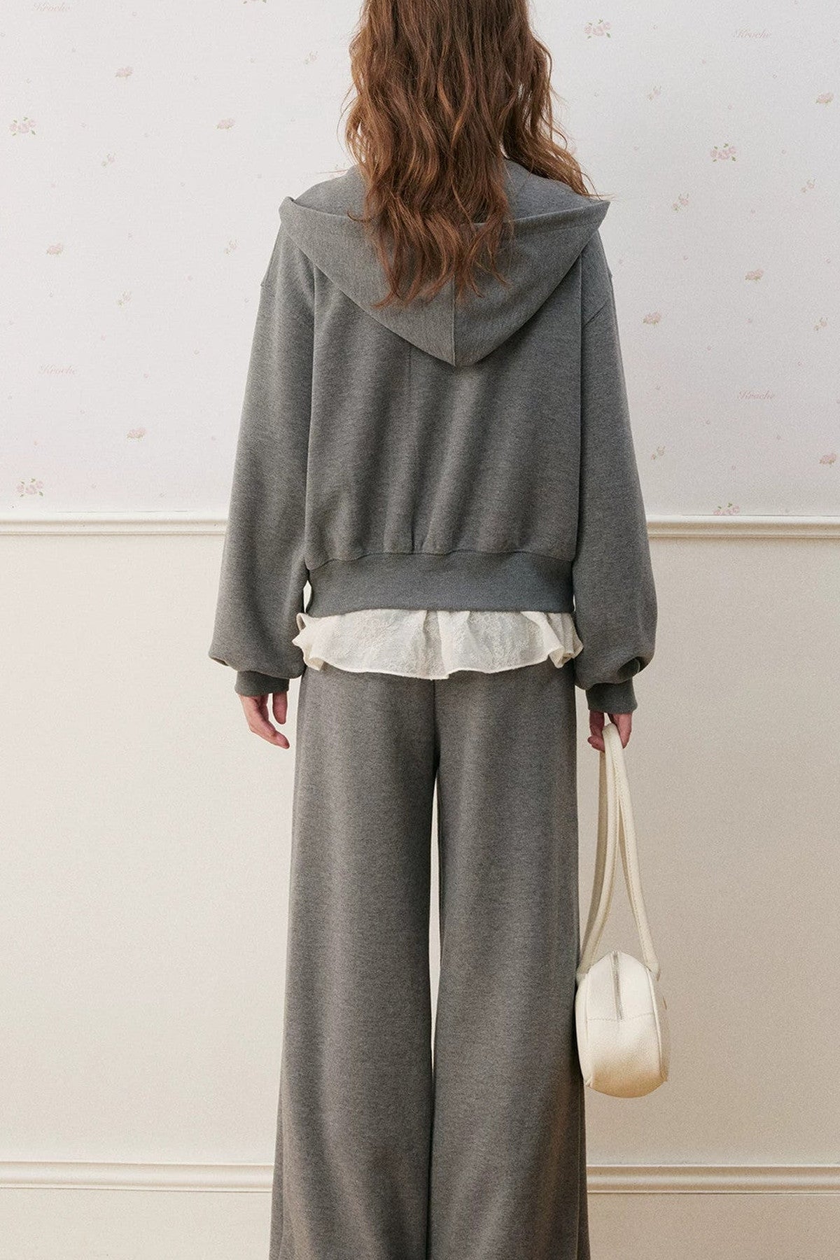 Lace Trim Double Zipper Hooded Jacket and Drawstring Pants Set-Up