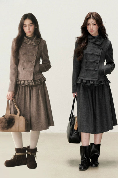 Preppy Double-Breasted Jacket and Skirt Set-Up