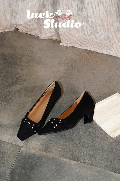Black Cross-Studded Suede Heels