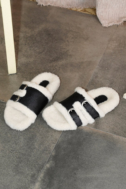 Furry Thick-Soled Flat Single Strap Slippers