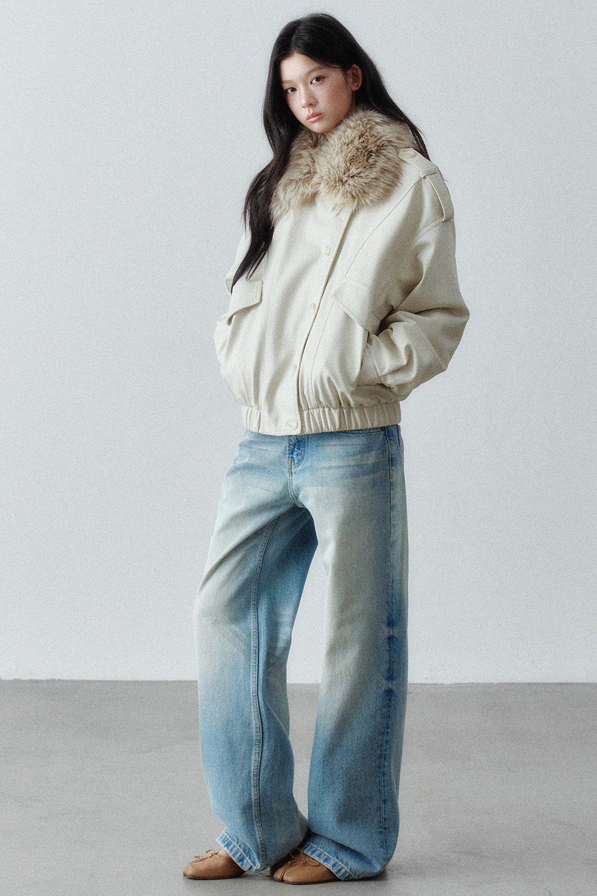 Fur Collar Button-Up Short Jacket