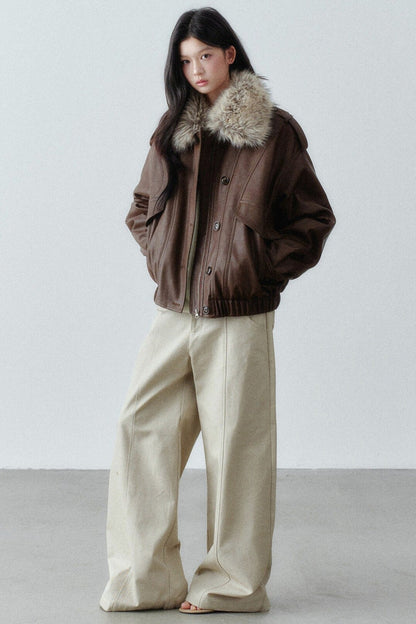 Fur Collar Button-Up Short Jacket