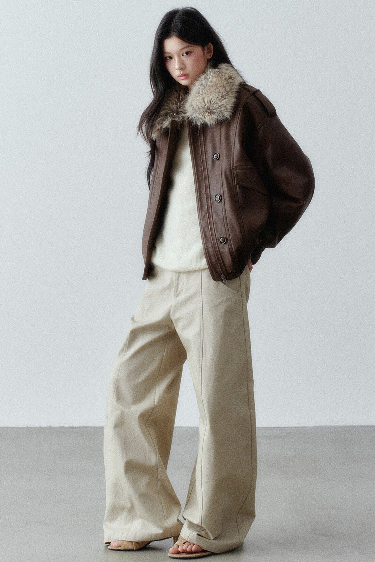 Fur Collar Button-Up Short Jacket