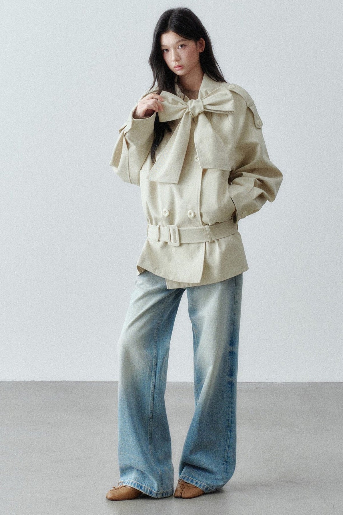 Bow Tie Low-Waist Cotton Trench Coat
