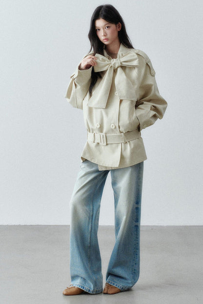 Bow Tie Low-Waist Cotton Trench Coat