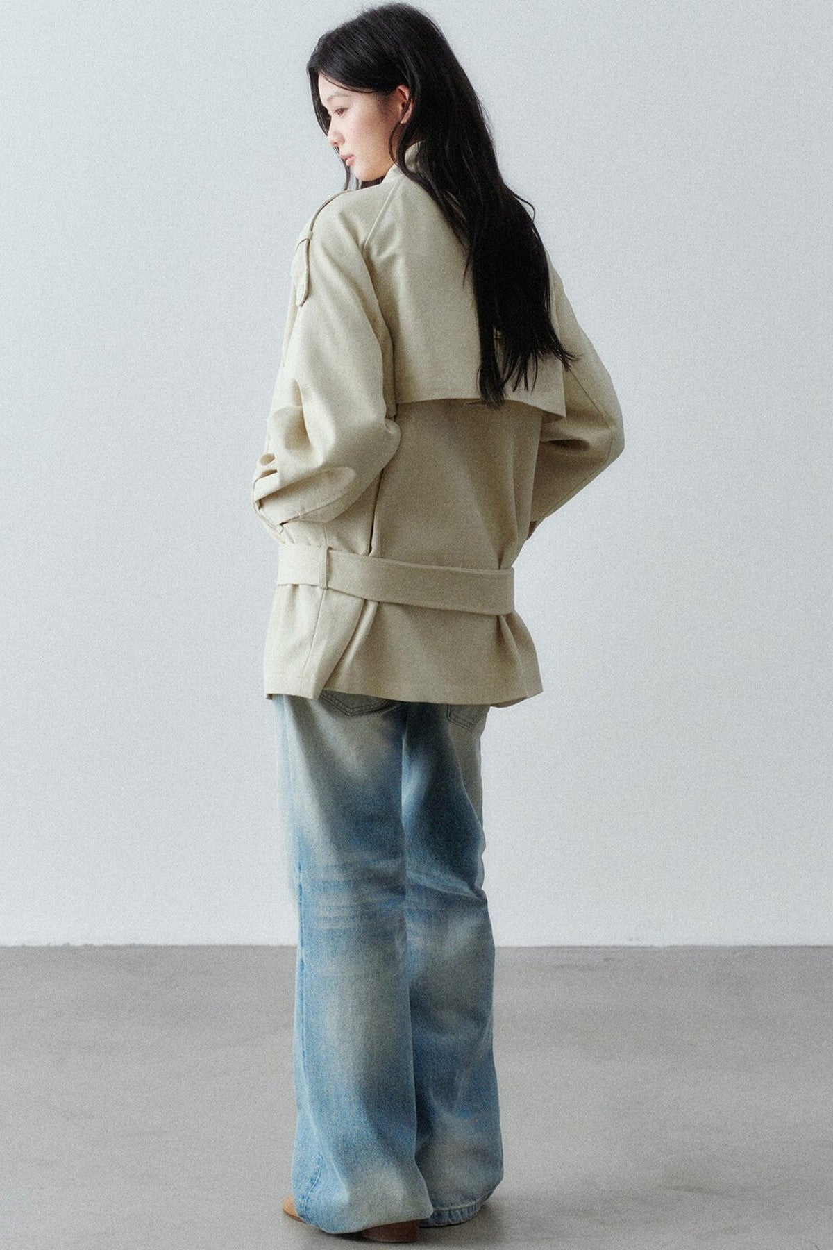 Bow Tie Low-Waist Cotton Trench Coat
