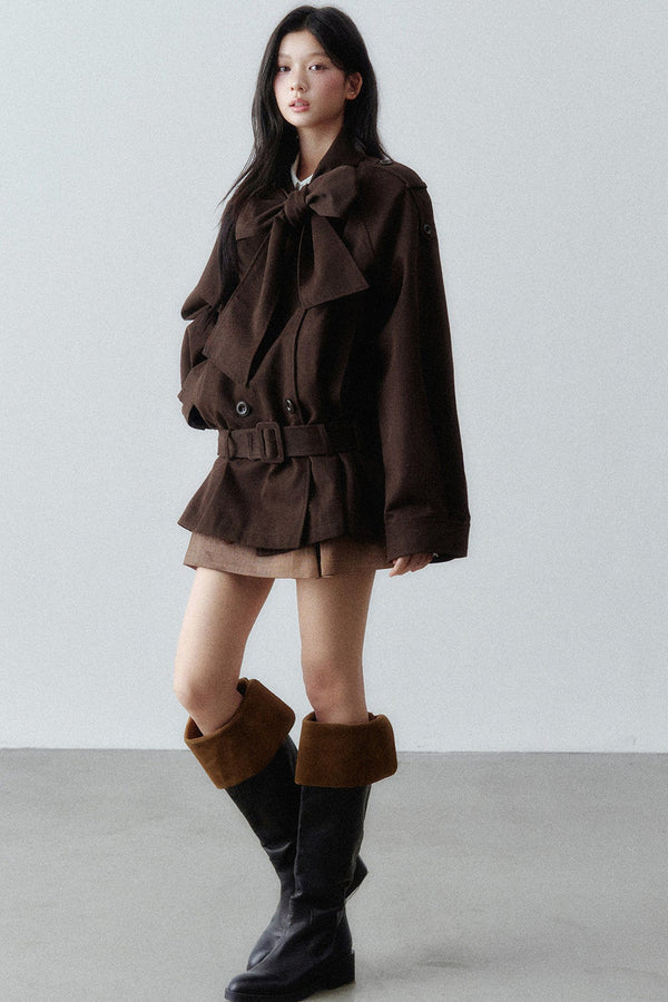Bow Tie Low-Waist Cotton Trench Coat