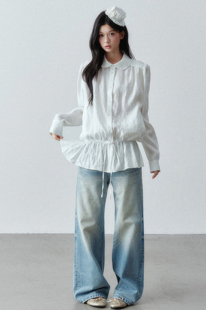 Low-Waist Ruffle Linen Shirt