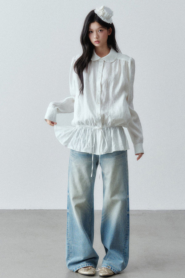 Low-Waist Ruffle Linen Shirt