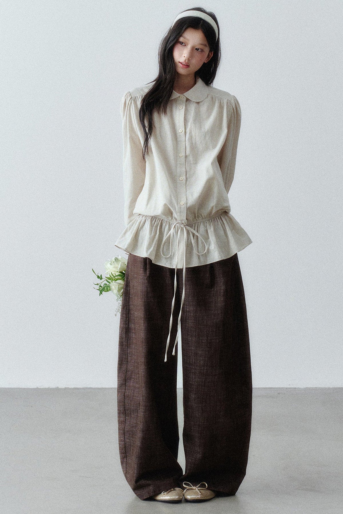 Low-Waist Ruffle Linen Shirt