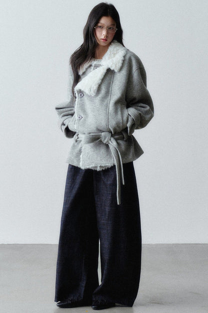 Plush Lapel Woolen Tie-Up Jacket